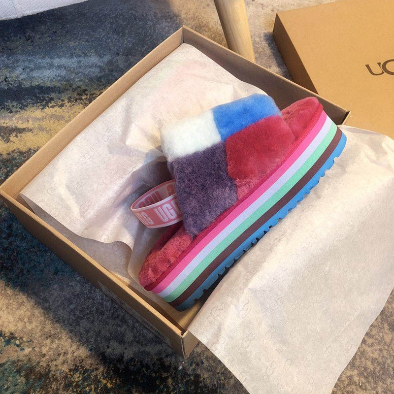 Rose Red Colorblock Fluffy Platform Sandals | In Stock