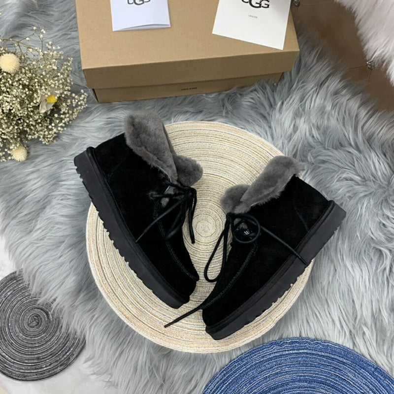 Black Fur-Trim Lace-Up Ankle Boots | Cozy Winter Style – In Stock