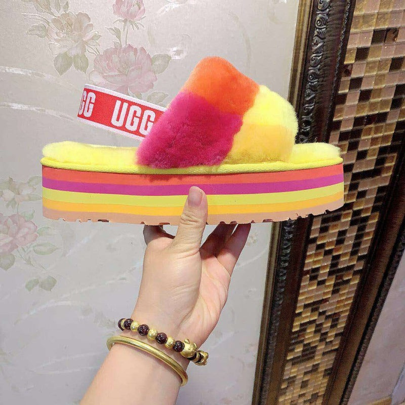 Yellow Colorblock Fluffy Platform Sandals | In Stock