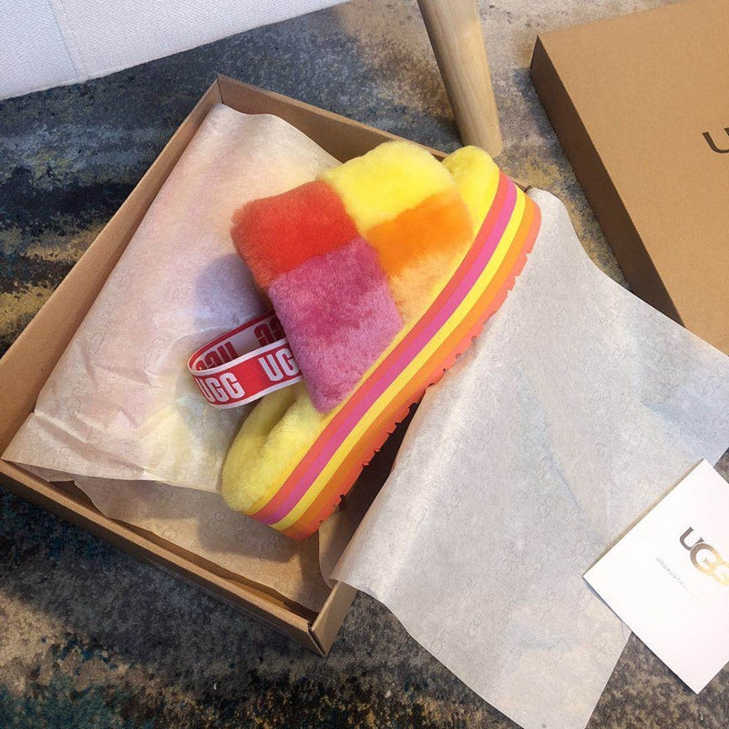 Yellow Colorblock Fluffy Platform Sandals | In Stock