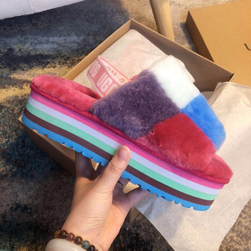 Rose Red Colorblock Fluffy Platform Sandals | In Stock