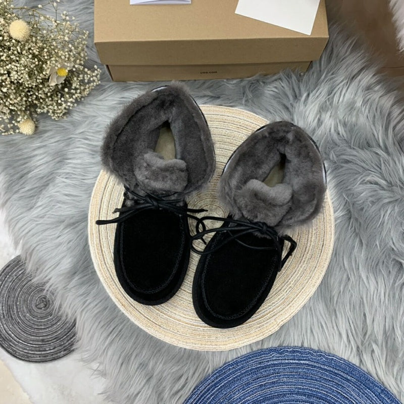 Black Fur-Trim Lace-Up Ankle Boots | Cozy Winter Style – In Stock
