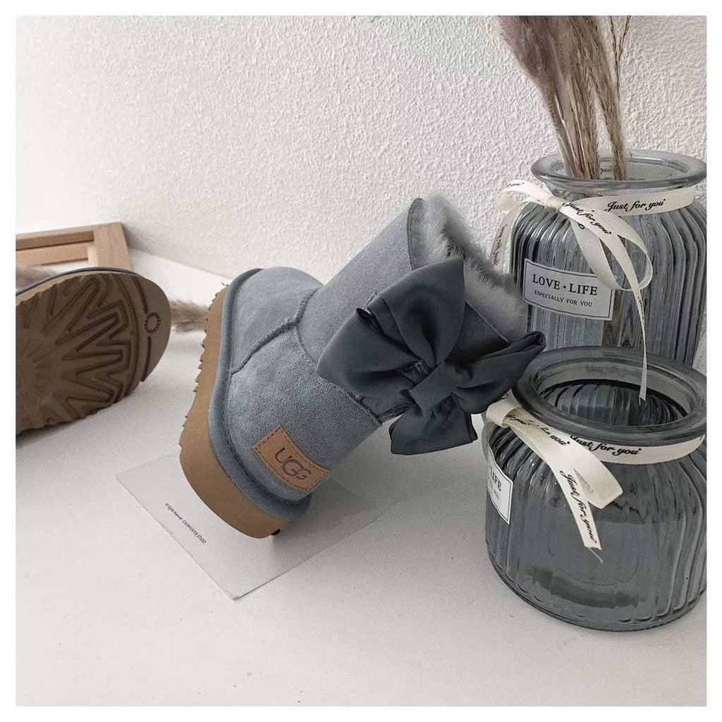Grey Bow-Detail Ankle Boots | Chic Statement Style – In Stock