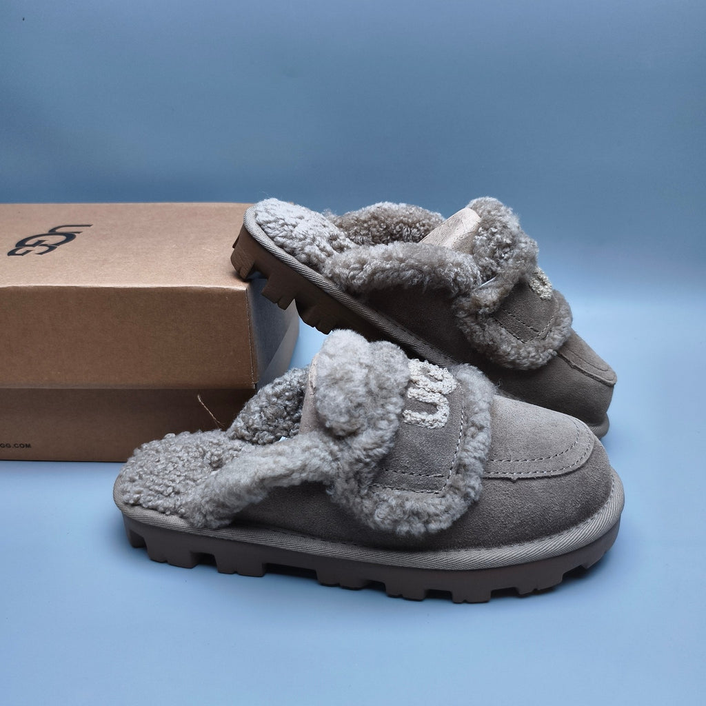 Antelope Brown Curly Fur Big Logo Casual Slippers | In Stock