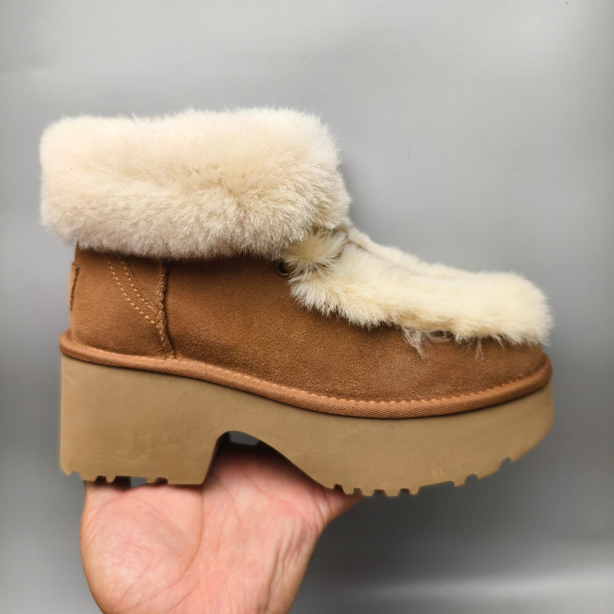 Chestnut Esme Wedge Ankle Boots | Fluffy Lace-Up Style – In Stock