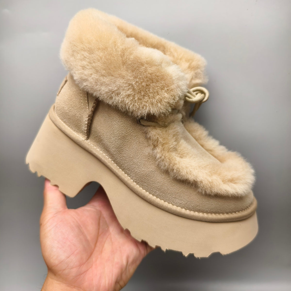 Mustard Esme Wedge Ankle Boots | Fluffy Lace-Up Style – In Stock