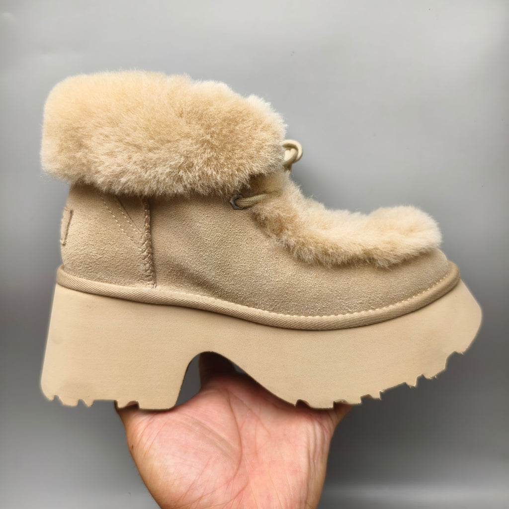 Mustard Esme Wedge Ankle Boots | Fluffy Lace-Up Style – In Stock