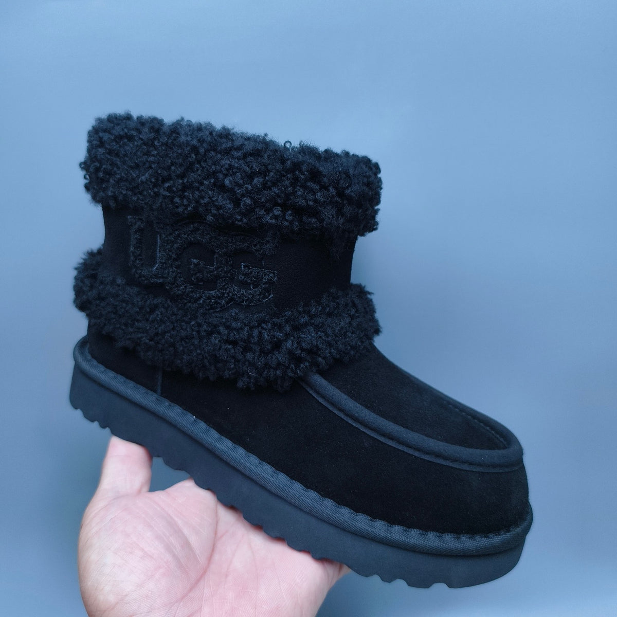 Black Curly-Textured Mid-Top Boots | Oversized Logo – In Stock