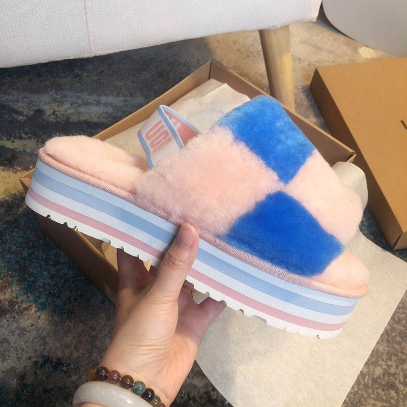 Pink Colorblock Fluffy Platform Sandals | In Stock