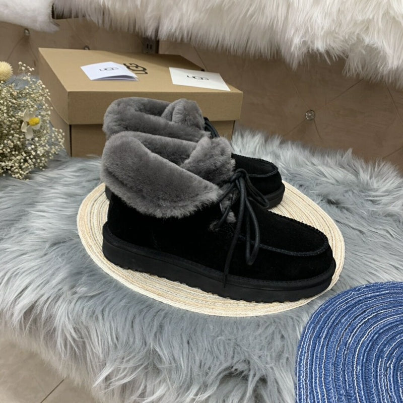 Black Fur-Trim Lace-Up Ankle Boots | Cozy Winter Style – In Stock