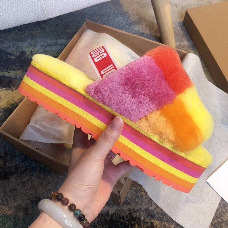 Yellow Colorblock Fluffy Platform Sandals | In Stock