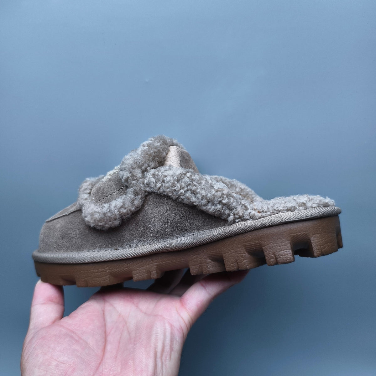 Antelope Brown Curly Fur Big Logo Casual Slippers | In Stock