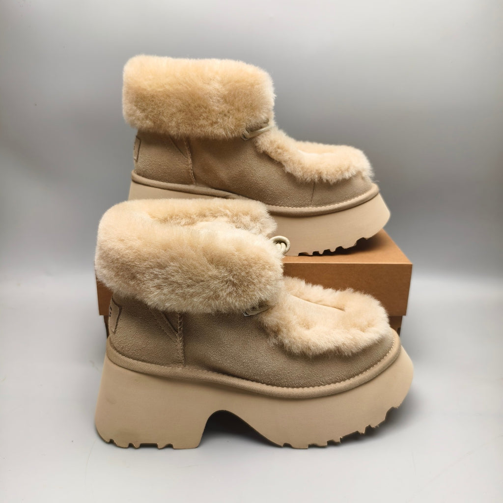Mustard Esme Wedge Ankle Boots | Fluffy Lace-Up Style – In Stock