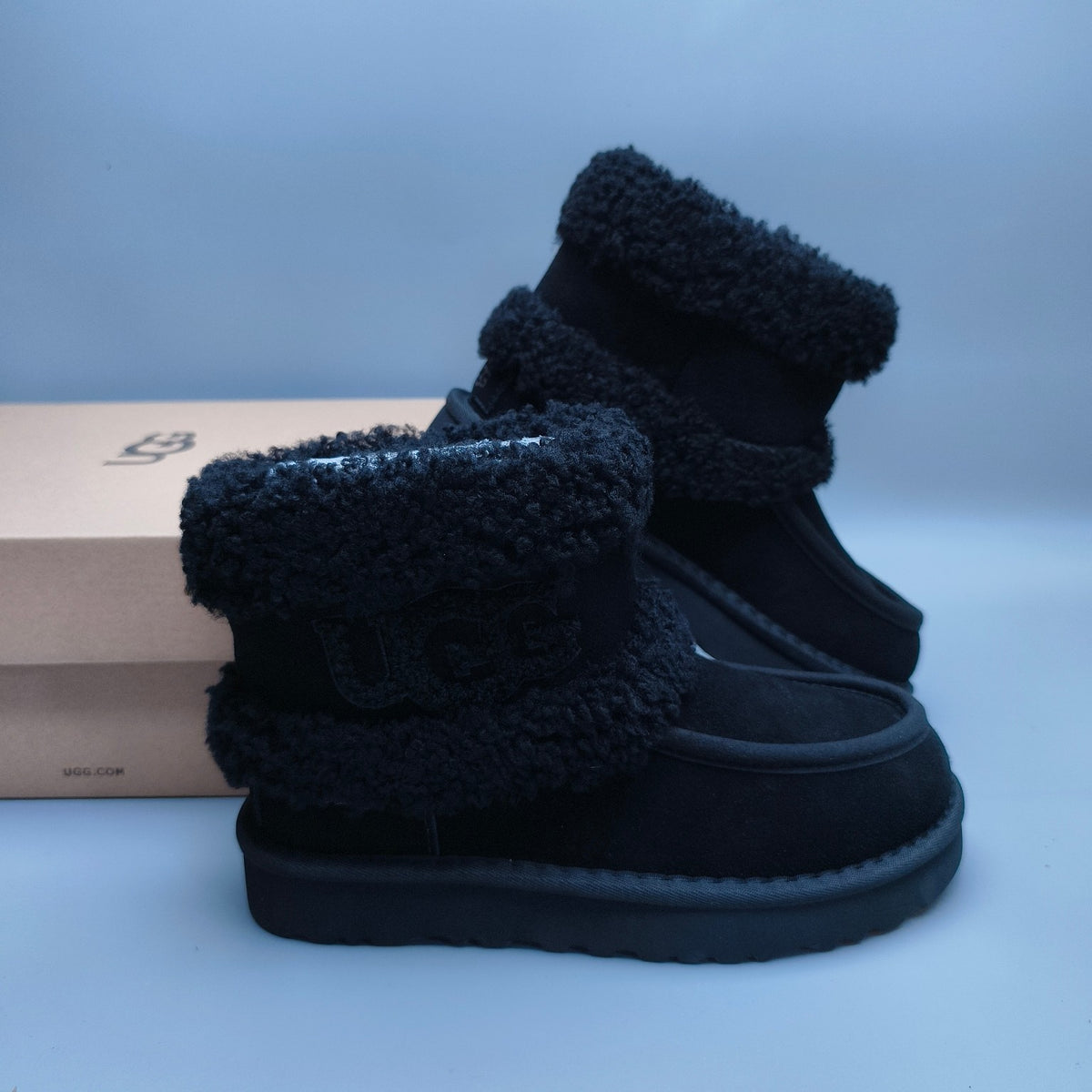 Black Curly-Textured Mid-Top Boots | Oversized Logo – In Stock