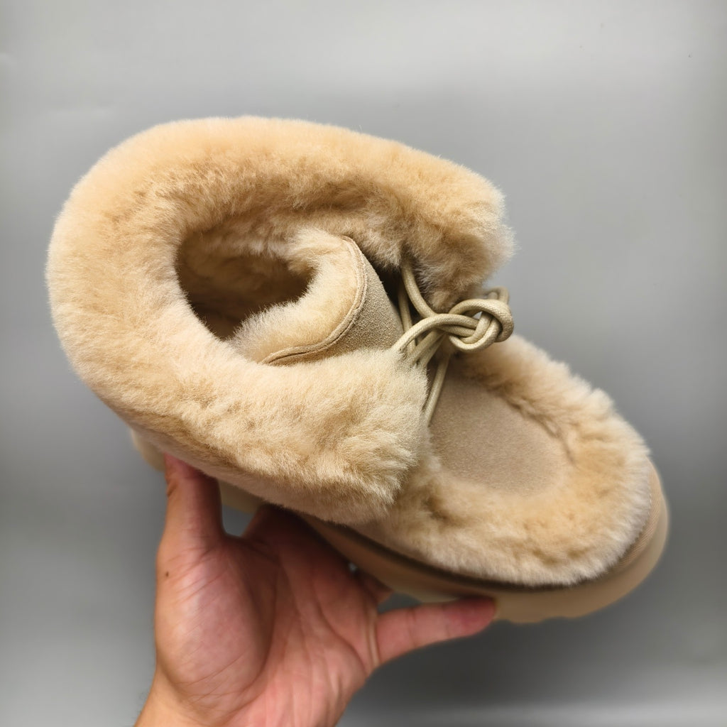Mustard Esme Wedge Ankle Boots | Fluffy Lace-Up Style – In Stock