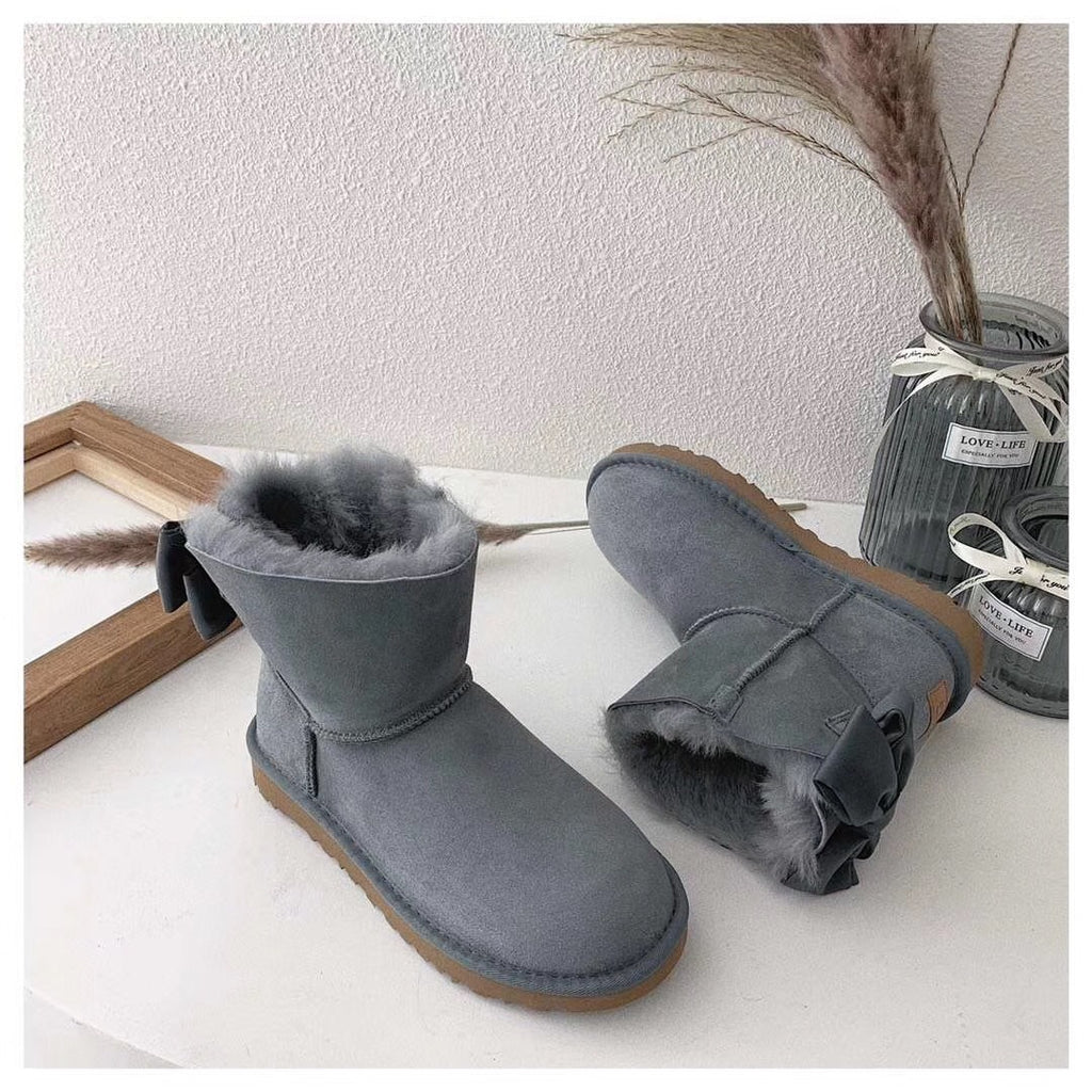 Grey Bow-Detail Ankle Boots | Chic Statement Style – In Stock