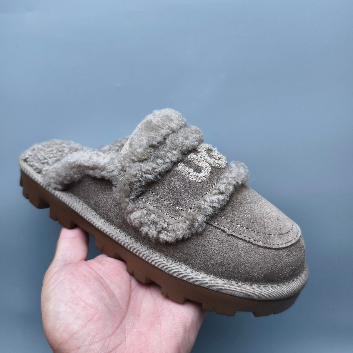 Antelope Brown Curly Fur Big Logo Casual Slippers | In Stock