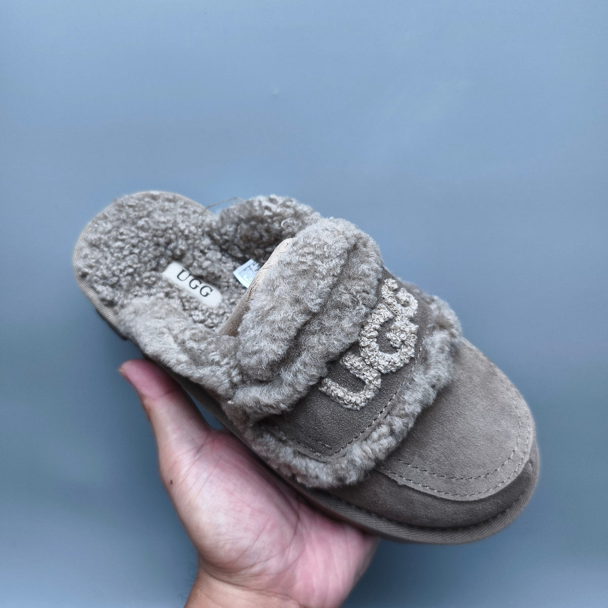 Antelope Brown Curly Fur Big Logo Casual Slippers | In Stock