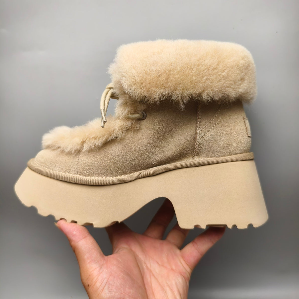 Mustard Esme Wedge Ankle Boots | Fluffy Lace-Up Style – In Stock
