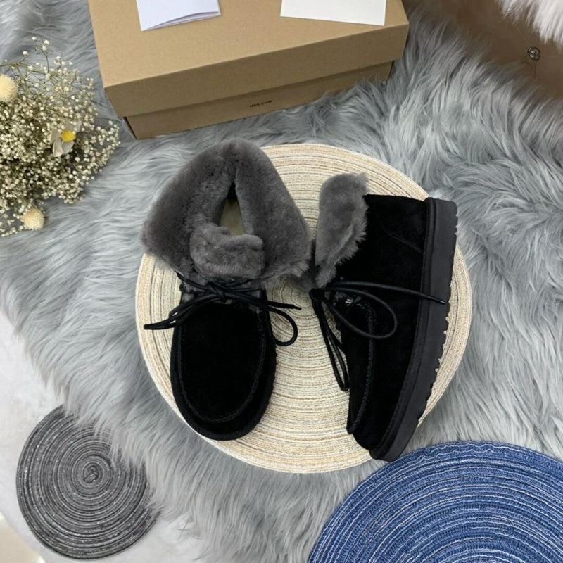 Black Fur-Trim Lace-Up Ankle Boots | Cozy Winter Style – In Stock