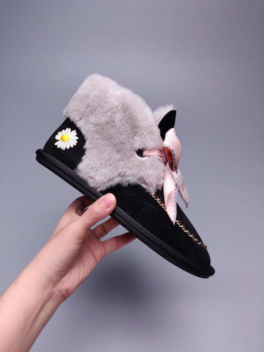 Black Daisy Shoes | Chain & Ribbon Details – In Stock