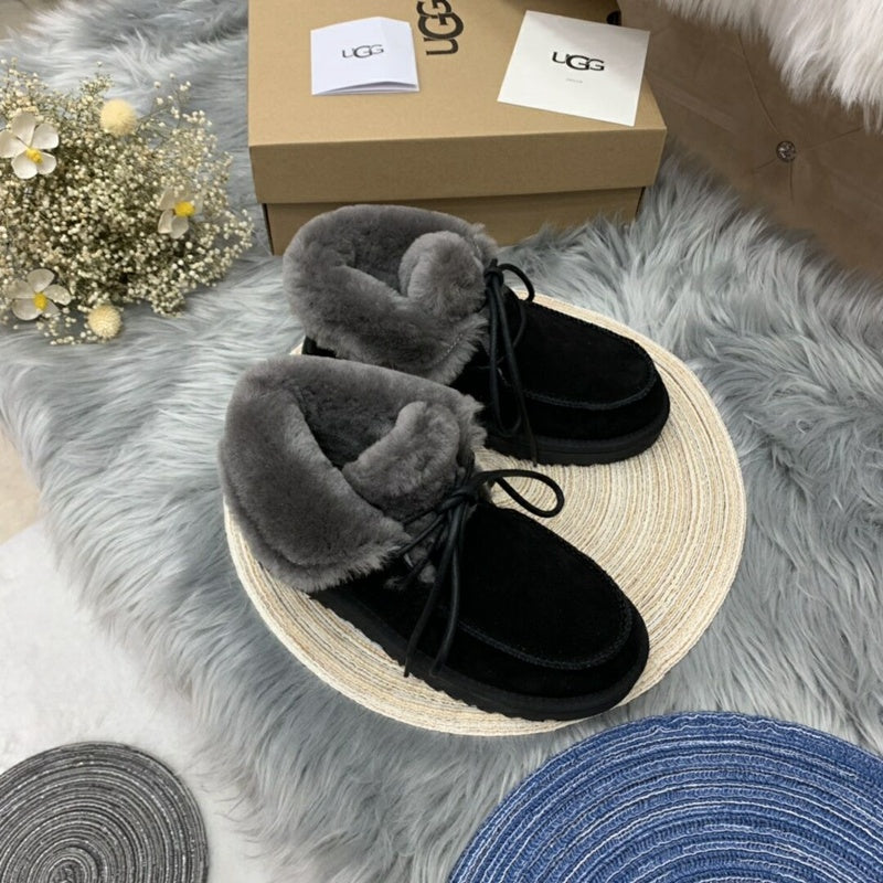 Black Fur-Trim Lace-Up Ankle Boots | Cozy Winter Style – In Stock