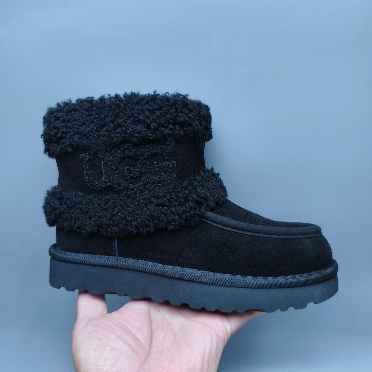 Black Curly-Textured Mid-Top Boots | Oversized Logo – In Stock