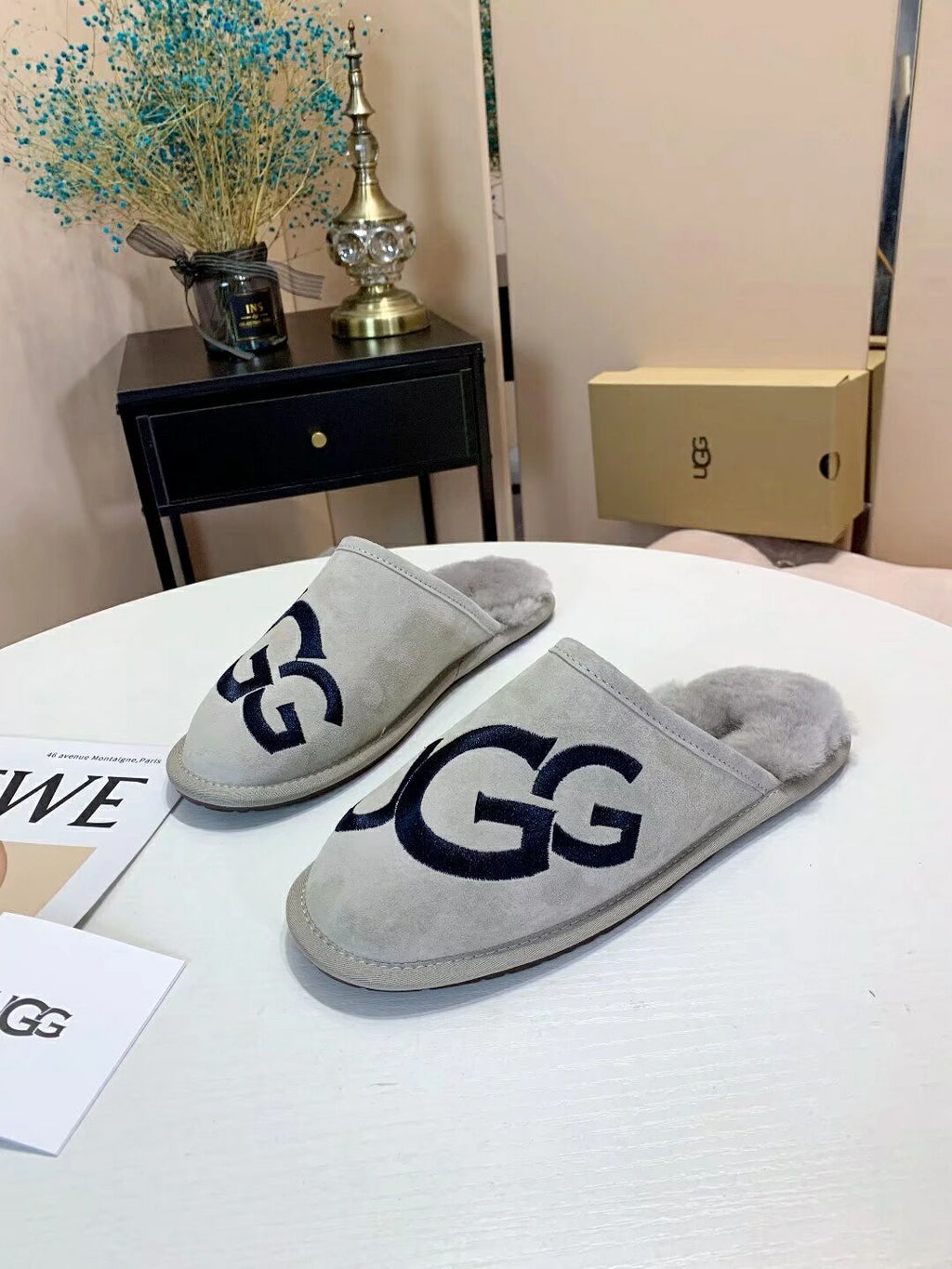 Grey Designer-Style Indoor Slippers | G Logo House Shoes – In Stock