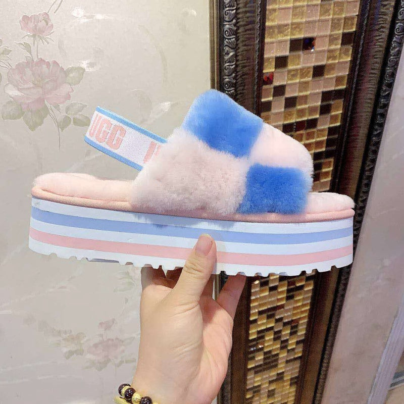 Pink Colorblock Fluffy Platform Sandals | In Stock