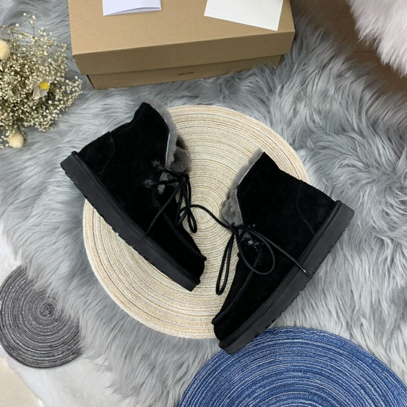 Black Fur-Trim Lace-Up Ankle Boots | Cozy Winter Style – In Stock