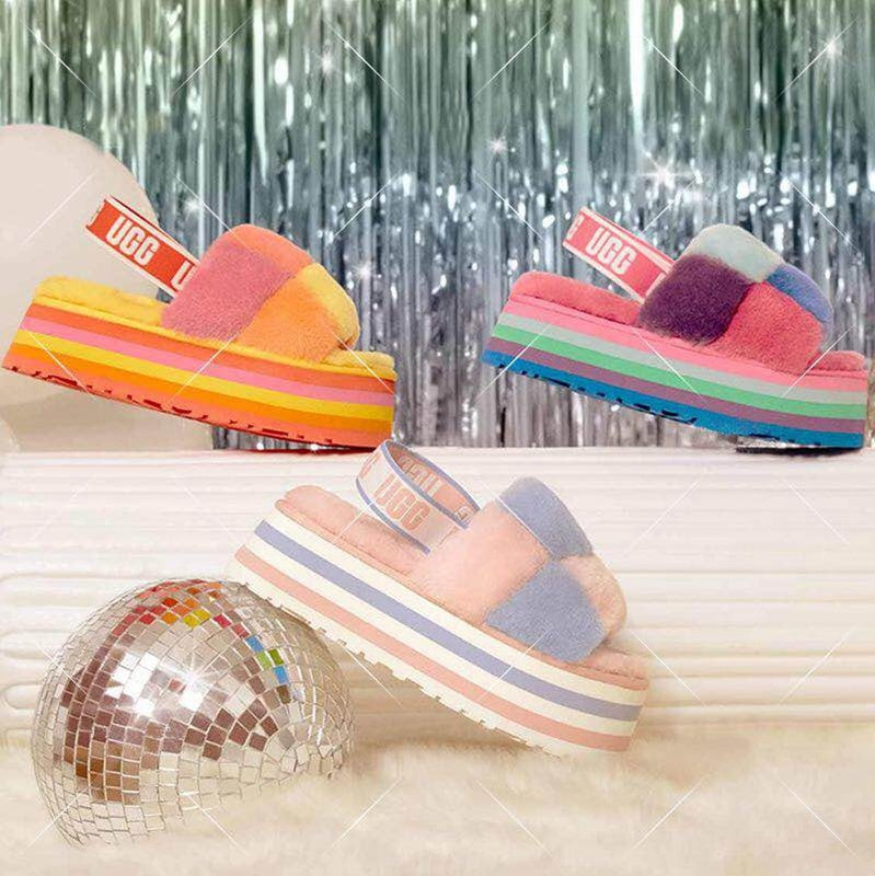 Yellow Colorblock Fluffy Platform Sandals | In Stock