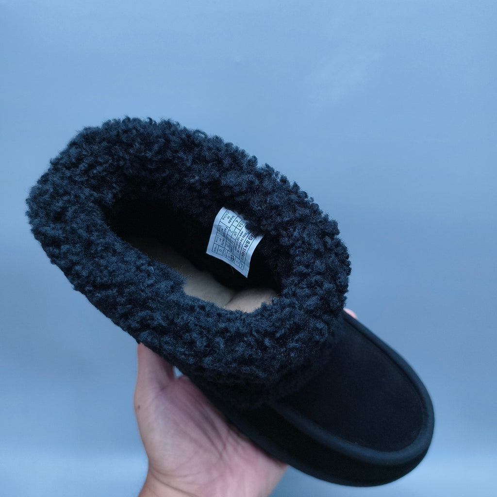 Black Curly-Textured Mid-Top Boots | Oversized Logo – In Stock