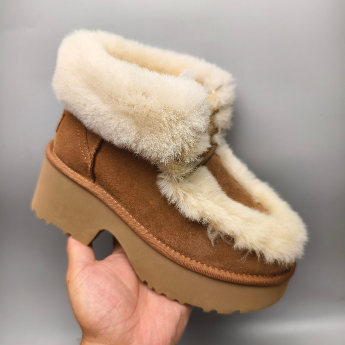 Chestnut Esme Wedge Ankle Boots | Fluffy Lace-Up Style – In Stock