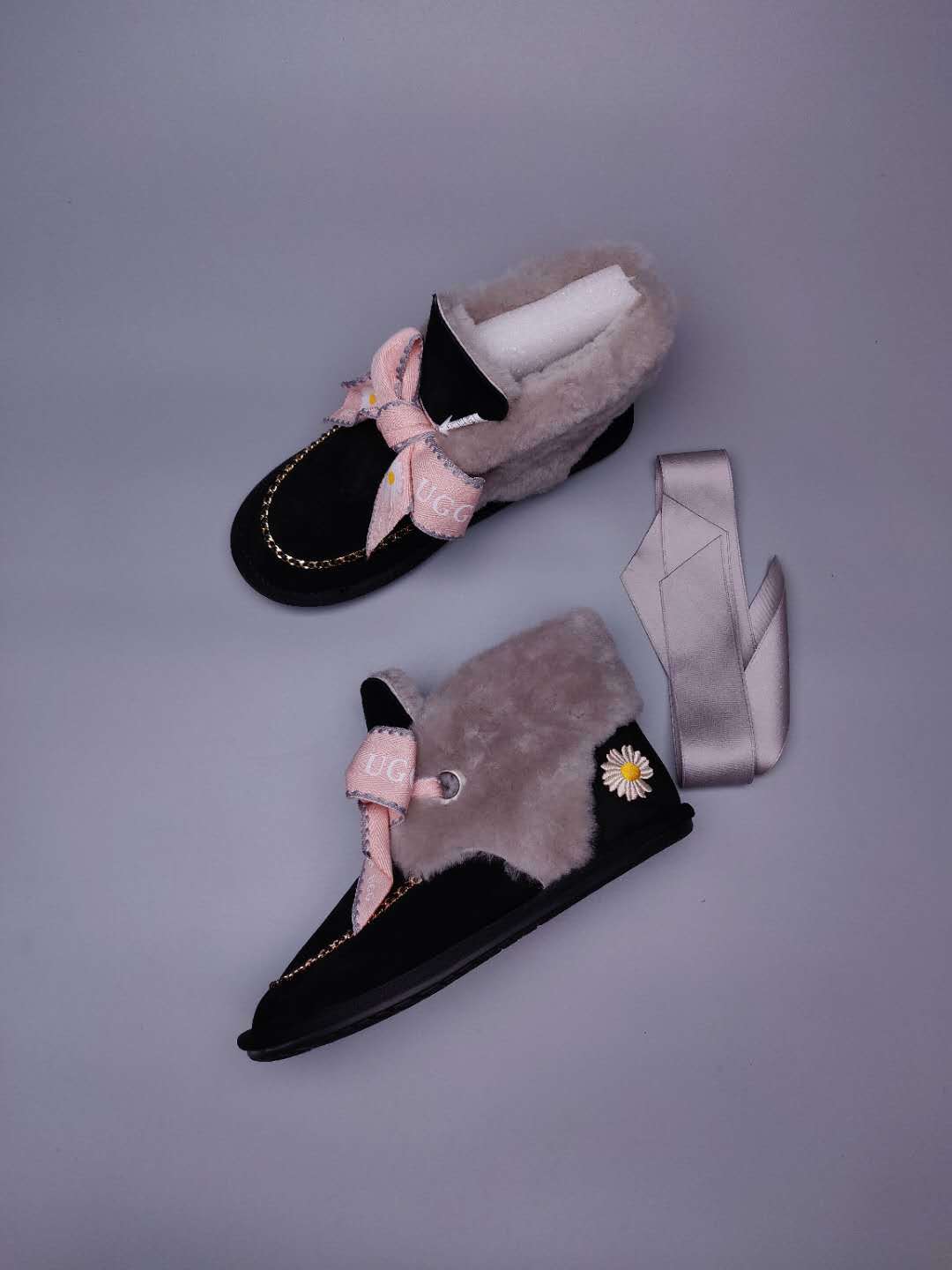 Black Daisy Shoes | Chain & Ribbon Details – In Stock
