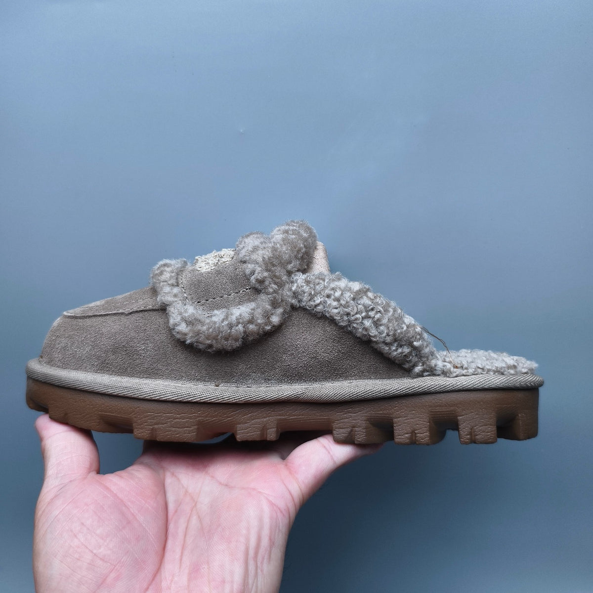 Antelope Brown Curly Fur Big Logo Casual Slippers | In Stock