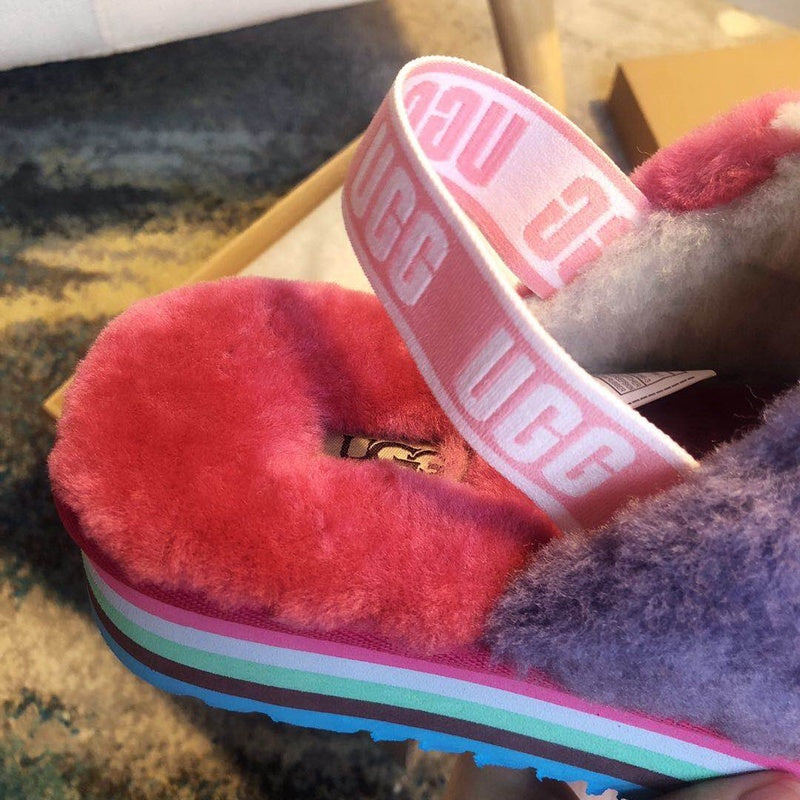 Rose Red Colorblock Fluffy Platform Sandals | In Stock