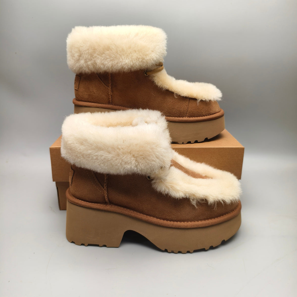 Chestnut Esme Wedge Ankle Boots | Fluffy Lace-Up Style – In Stock