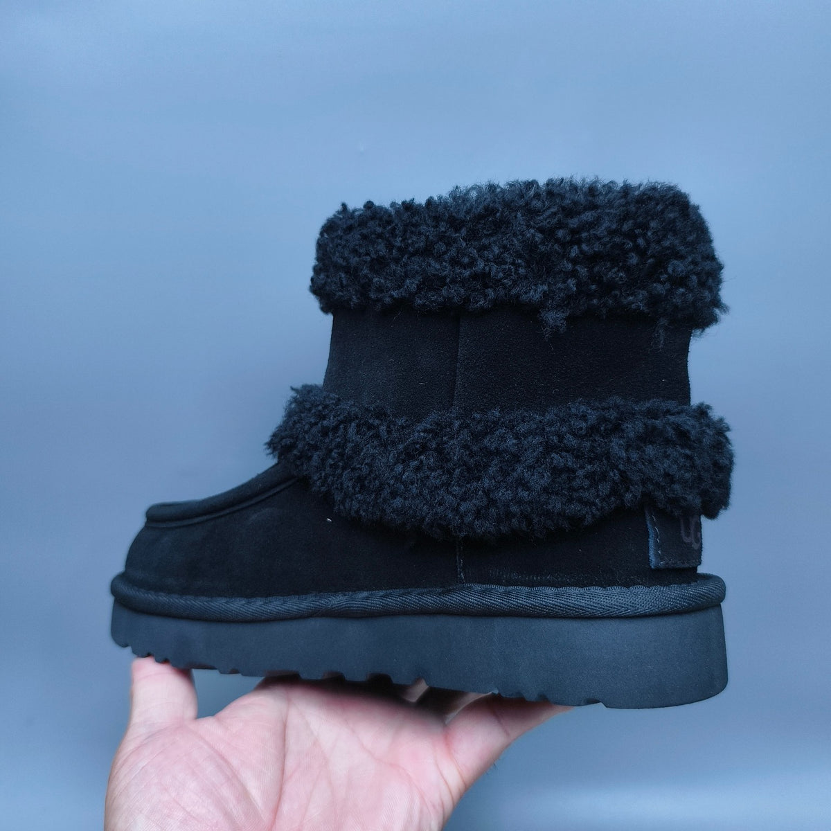 Black Curly-Textured Mid-Top Boots | Oversized Logo – In Stock