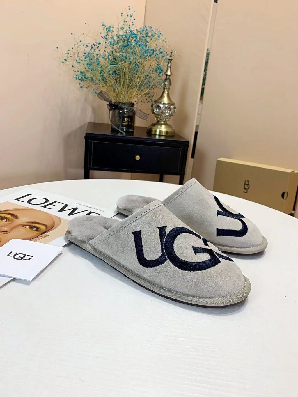 Grey Designer-Style Indoor Slippers | G Logo House Shoes – In Stock
