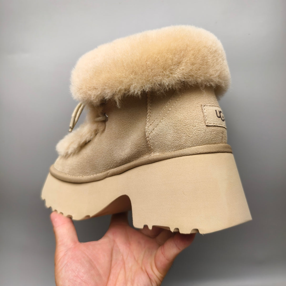 Mustard Esme Wedge Ankle Boots | Fluffy Lace-Up Style – In Stock