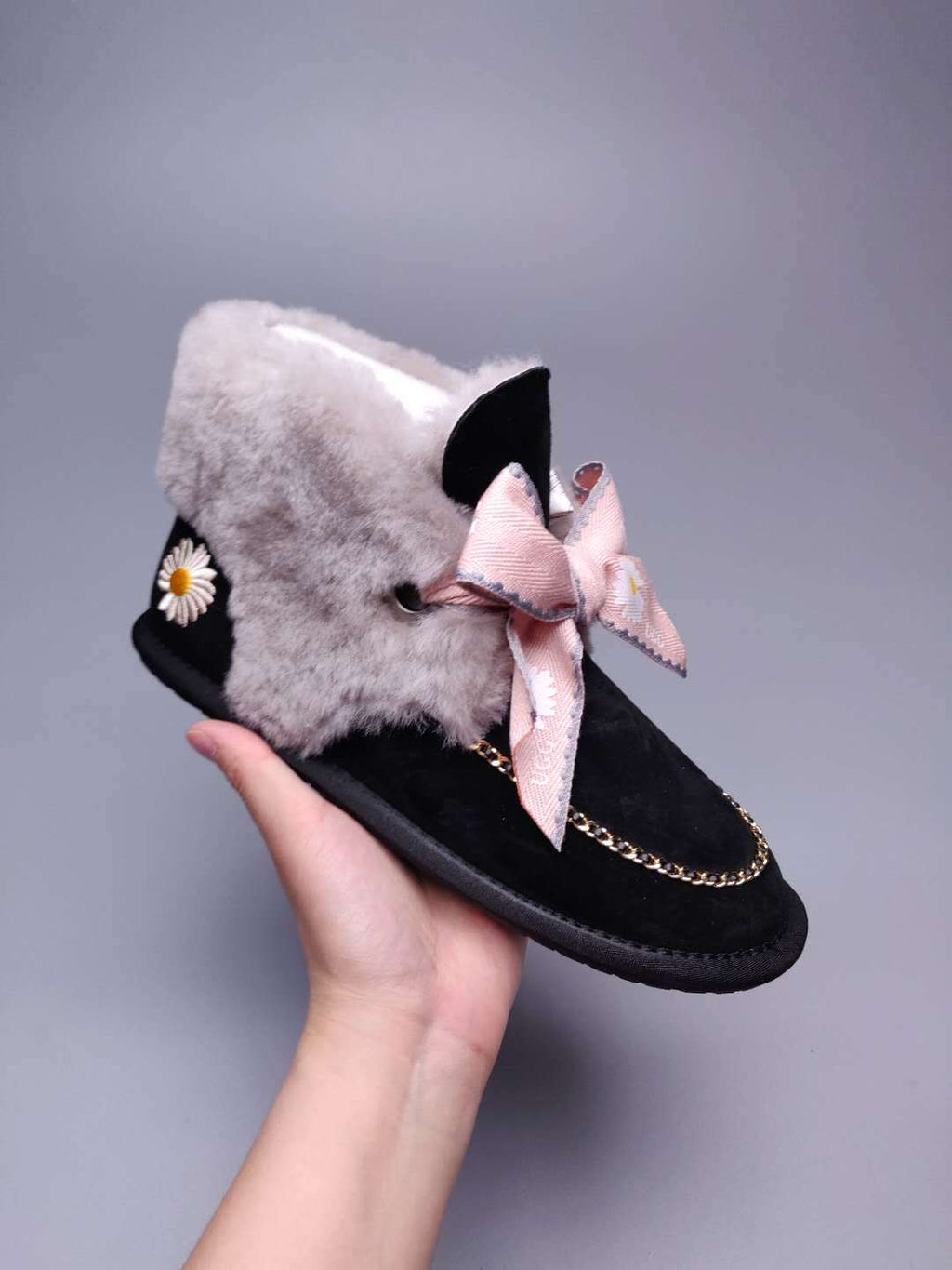 Black Daisy Shoes | Chain & Ribbon Details – In Stock