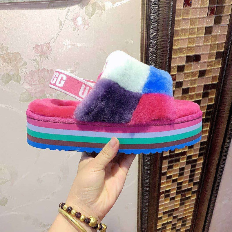 Rose Red Colorblock Fluffy Platform Sandals | In Stock