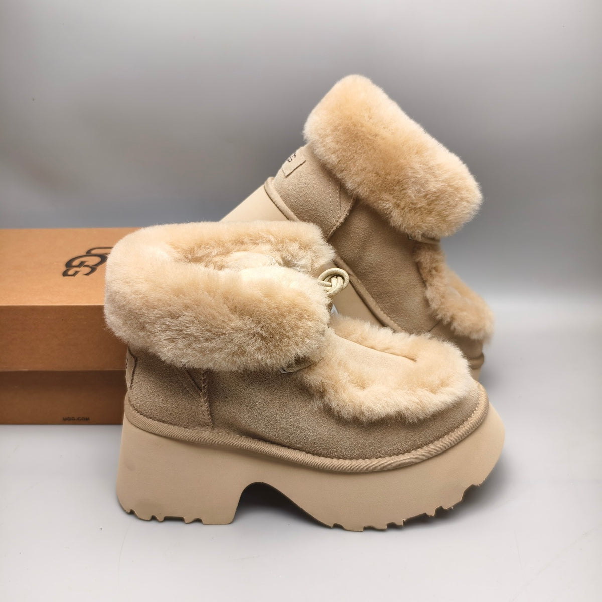 Mustard Esme Wedge Ankle Boots | Fluffy Lace-Up Style – In Stock