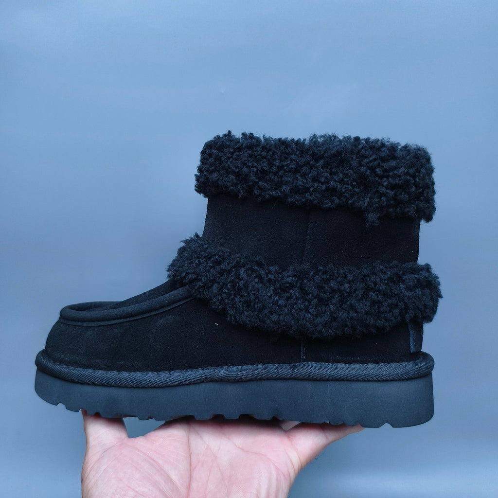 Black Curly-Textured Mid-Top Boots | Oversized Logo – In Stock