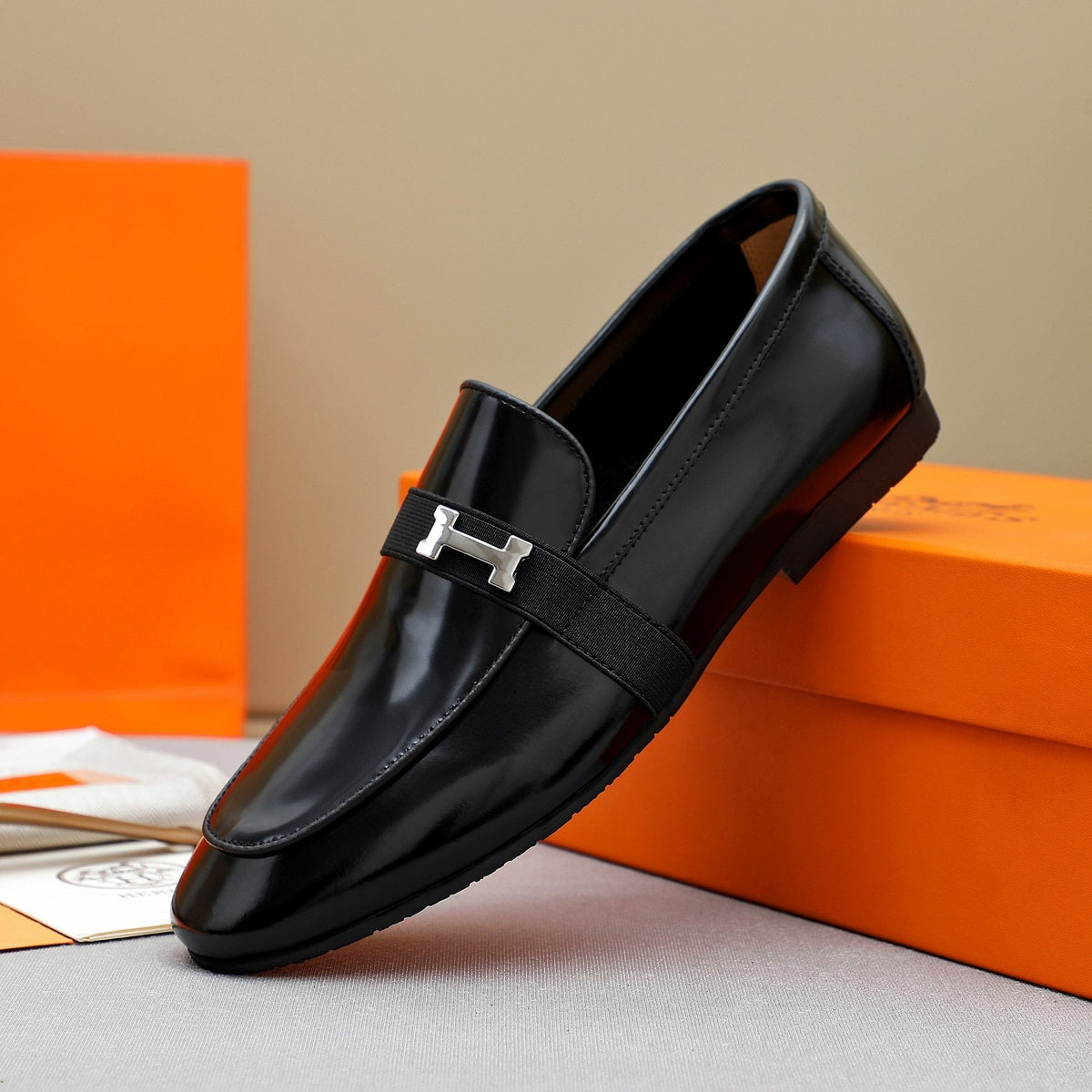 Hermès Men's Black H-Hardware Loafers - Leather Lining
